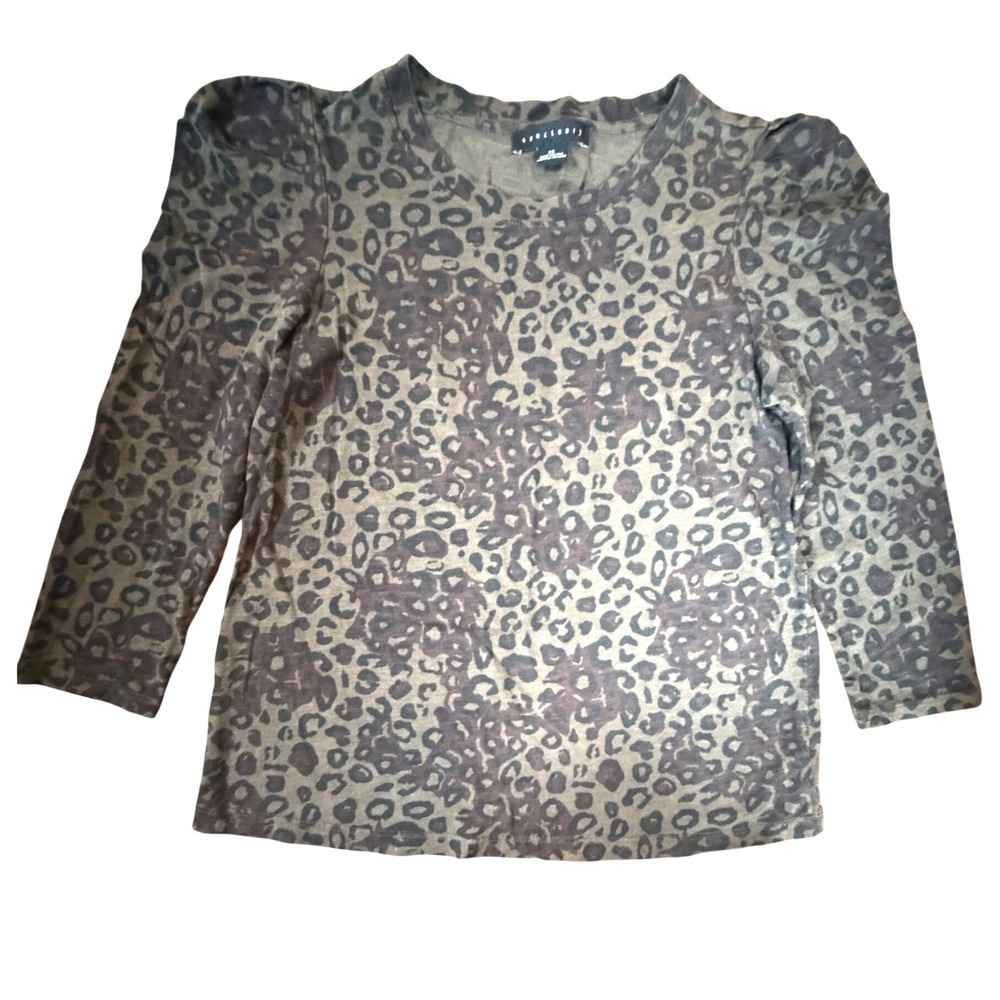 Sanctuary Womens Leopard Print Puff Shoulder Long Sleeve Top Olive Brown XS